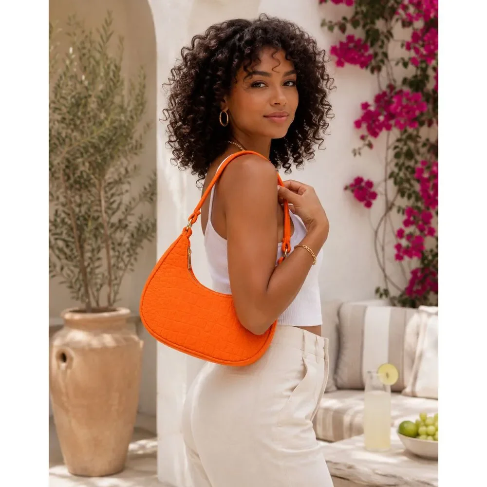 Orange Croc Embossed Felt‎ Crescent Shoulder Bag Gold Hardware Mini Hobo NEW